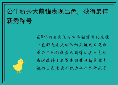 公牛新秀大前锋表现出色，获得最佳新秀称号